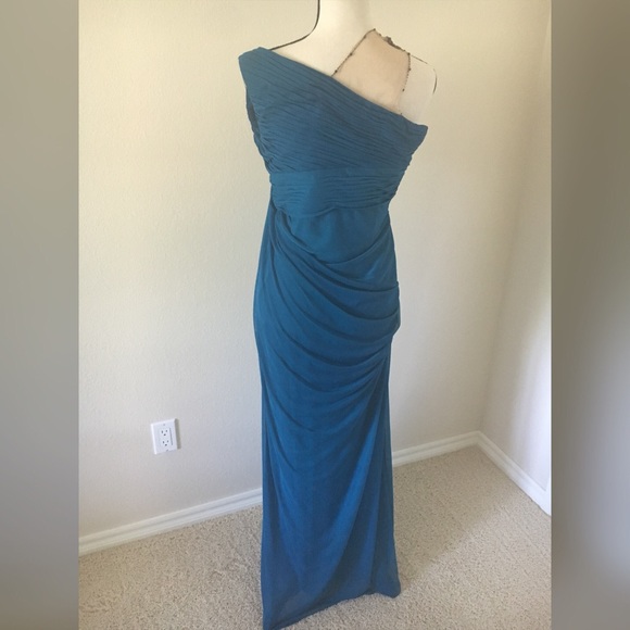 SIZE 4 Adrianna Papell Blue Drape Shoulder Dress - Picture 3 of 8